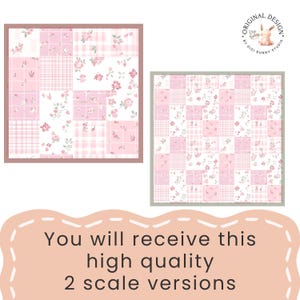以下が含まれることがあります： ピンクと白の色合いのパッチワークパターンを特徴とする2つのデジタルデザイン。花柄とチェック柄の要素が含まれています。デザインはフレームに入れられ、「You will receive this high quality 2 scale versions」というテキストが表示されています。