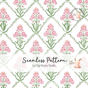 May include: A seamless pattern with pink floral bouquets and green foliage arranged in a grid on a white background. The text "Seamless Pattern" is displayed in a script font, with "by Digi Bunny Studio" below.