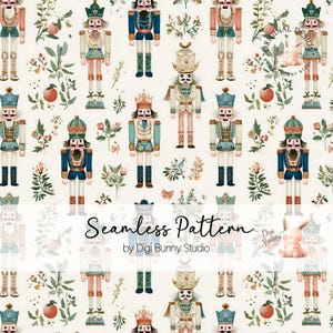 May include: A repeating pattern with watercolour illustrations of toy nutcrackers in different uniforms, with floral and fruit motifs. The design includes the text "Seamless Pattern" and the Digi Bunny Studio logo, on a cream background.