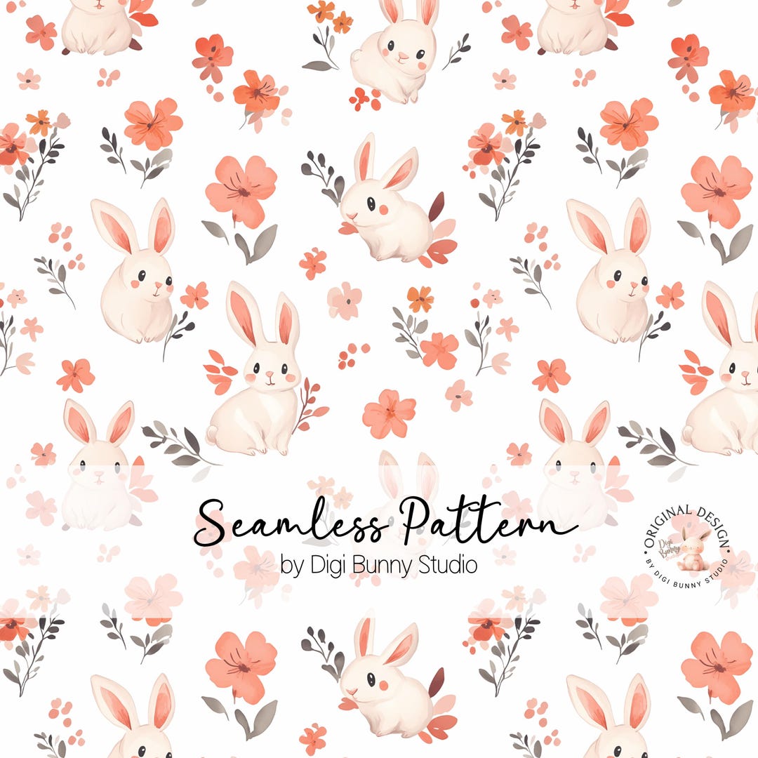 Spring Bunnies Floral Seamless Pattern Peach Flowers Watercolor Bunny ...