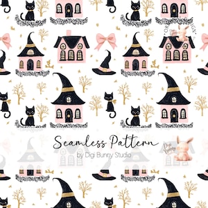 Maison hantée rose chats noirs modèle sans couture Halloween mignon preppy répéter modèle sorcière chapeau amoureux des chats tissu modèle papier numérique Png