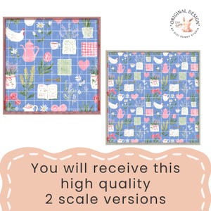 Pode incluir: Dois designs quadrados com fundo de grade azul, com bules rosa, x&iacute;caras, flores e cora&ccedil;&otilde;es. Os designs incluem texto e s&atilde;o rotulados como "Original Design by Digi Bunny Studio". A imagem tamb&eacute;m inclui o texto "You will receive this high quality 2 scale versions."