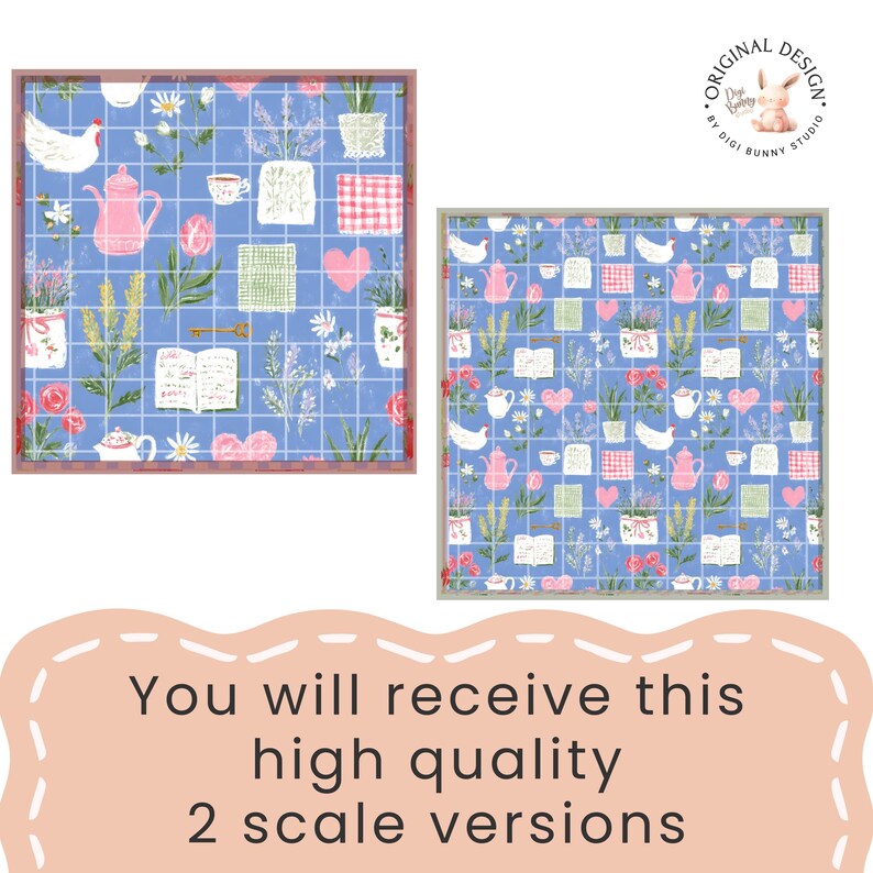 Pode incluir: Dois designs quadrados com fundo de grade azul, com bules rosa, x&iacute;caras, flores e cora&ccedil;&otilde;es. Os designs incluem texto e s&atilde;o rotulados como "Original Design by Digi Bunny Studio". A imagem tamb&eacute;m inclui o texto "You will receive this high quality 2 scale versions."