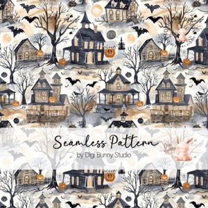 Halloween Town Haunted Houses Seamless Pattern Ghosts Bats Pumpkins Halloween Autumn Fall Retro Vintage Fabric Pattern Spooky Png
