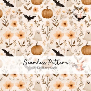 Boho assustador floral fantasmas morcegos abóboras Halloween padrão sem costura flores de outono padrão de tecido sem costura bebê fofo Halloween png