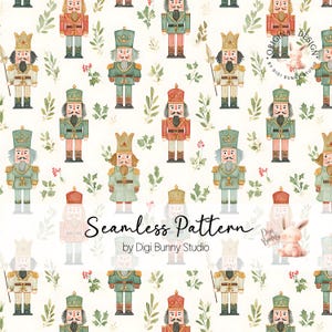 May include: Seamless pattern featuring watercolor illustrations of toy nutcrackers in various colors, including red, green, and gold. The design includes botanical elements and the text "Seamless Pattern" by Digi Bunny Studio.