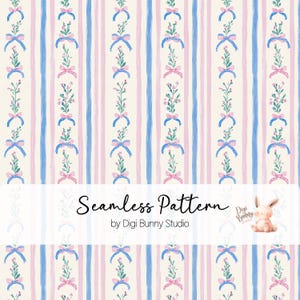 May include: A seamless pattern featuring pink and blue bows with green floral sprigs on a white background with pink and blue vertical stripes. The text "Seamless Pattern by Digi Bunny Studio" is at the bottom of the image.