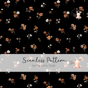 May include: A seamless pattern featuring watercolor flowers in shades of brown and white on a black background. The text "Seamless Pattern" is displayed in a script font, with "by Digi Bunny Studio" below it. A small bunny illustration is also present.