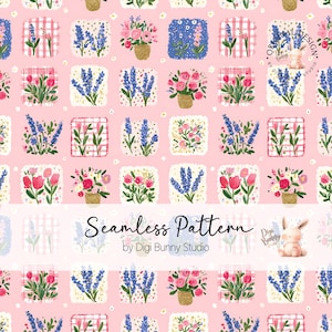 May include: A seamless pattern featuring floral arrangements and lavender sprigs in square frames on a pink background. The design includes bouquets in woven baskets and gingham patterns. Text reads "Seamless Pattern" by Digi Bunny Studio.