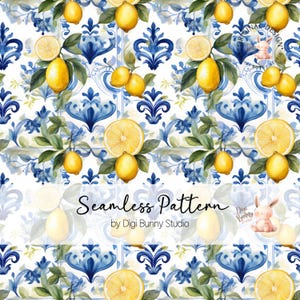Mediterran Vintage Italienisch Zitronen Blau Fliesen Gelb Sizilien Zitrone Seamless Pattern Sommer Rapportmuster Chic Europäisch Trendy Png