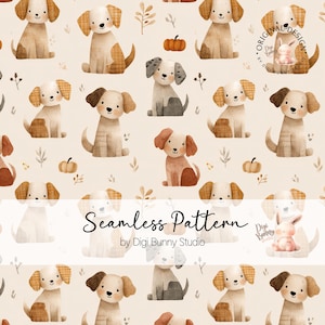 Può includere: Un motivo senza cuciture con illustrazioni ad acquerello di varie razze di cani nei toni del marrone, beige e grigio. Il design include zucche e fogliame, con il testo "Seamless Pattern" e "by Digi Bunny Studio".