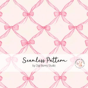 Op de afbeelding: Een naadloos patroon met een raster van roze linten en strikken op een lichtroze achtergrond. Het ontwerp bevat de tekst "Seamless Pattern" en "by Digi Bunny Studio". De algehele esthetiek is delicaat en vrouwelijk.
