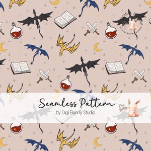 Books and Dragons Seamless Pattern Fourth Wing Seamless Pattern PNG,  Digital Download, Repeat Pattern Bookish Romantasy  Digital Paper png