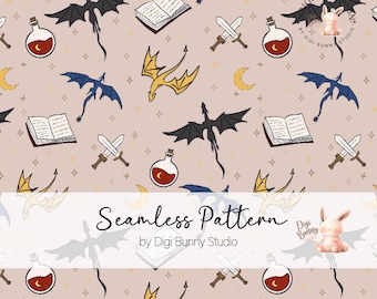 Diseño sin costuras de libros y dragones, papel digital Bookish Romantasy (descarga digital PNG)