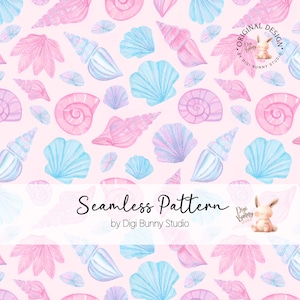 Patrón sin costuras de conchas marinas pastel y vieiras PNG, lazo azul y rosa, estilo coqueto, marino costero, repetición, diseño de tela estética de chica playera suave