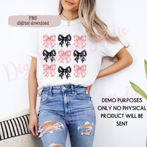 May include: A white t-shirt with a design of nine pink and black bows with white owls in the center of each bow. The text "PNG digital download" is at the top of the image. The text "DEMO PURPOSES ONLY NO PHYSICAL PRODUCT WILL BE SENT" is at the bottom of the image.