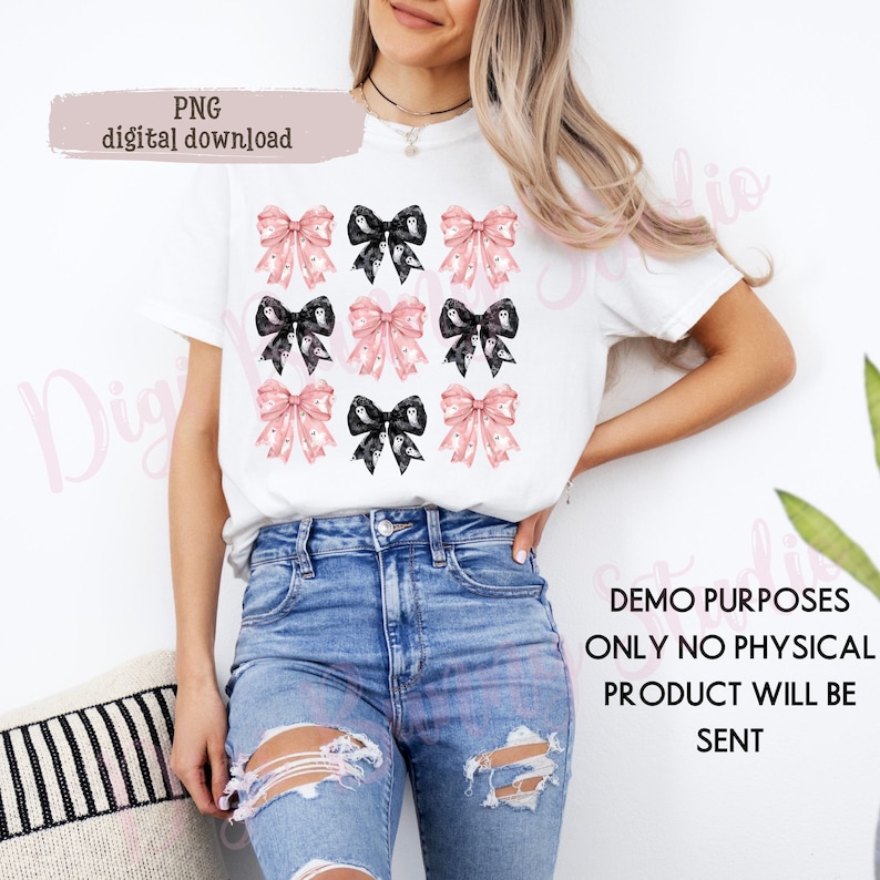 May include: A white t-shirt with a design of nine pink and black bows with white owls in the center of each bow. The text "PNG digital download" is at the top of the image. The text "DEMO PURPOSES ONLY NO PHYSICAL PRODUCT WILL BE SENT" is at the bottom of the image.