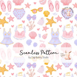 May include: A seamless pattern featuring beach-themed illustrations. The design includes seashells, starfish, swimsuits, bows, sunglasses, and flip-flops in pastel colors. The text "Seamless Pattern" and the designer's name are also included.