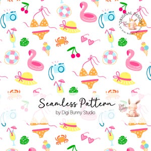 Puede incluir: Un patrón sin costuras que presenta una variedad de ilustraciones de temática veraniega, incluyendo un flotador de flamenco, un traje de baño, una cámara, un sombrero, un cangrejo, cerezas, gafas de sol, un cóctel, una hoja de palma y un salvavidas. El patrón está sobre un fondo blanco y es perfecto para usar en una variedad de proyectos creativos.