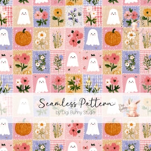 May include: A seamless digital pattern featuring a grid of rectangular blocks with illustrations of white ghosts, orange pumpkins, and various colorful flowers in pink, yellow, and blue. The text Seamless Pattern by Digi Bunny Studio is visible.