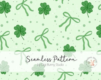 May include: A seamless pattern featuring green four-leaf clovers and green bows on a light green background with white polka dots. The text "Seamless Pattern by Digi Bunny Studio" is at the bottom of the image. The text "Original Design by Digi Bunny Studio" is in a circle at the top right of the image.