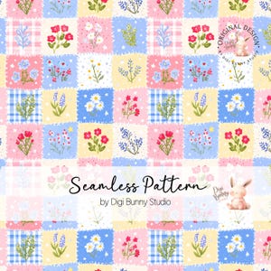 May include: A seamless pattern featuring a patchwork design with floral motifs. The pattern includes squares in pastel colors like pink, blue, and yellow, each adorned with different flower illustrations. The text "Seamless Pattern" is displayed.