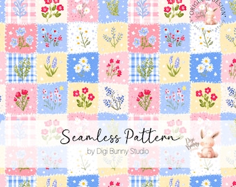 Preppy Floral Patchwork Seamless Pattern PNG | Colorful Botanical Ditsy Fabric Design Digital Download