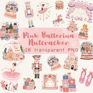 Puede incluir: Una colección de ilustraciones de temática bailarina rosa y cascanueces. La imagen incluye una bailarina, cascanueces, bolas de nieve, un carrusel, una casa de jengibre y cajas de regalo. El texto dice "Pink Ballerina Nutcracker" y "28 transparent PNG".