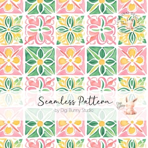 Modèle sans couture de carreaux méditerranéens pastel PNG | Papier numérique d'été italo-marocain | Tissu côte amalfitaine design rose vert jaune