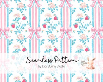 Strawberry Bows Seamless Pattern, Pastel Pink Blue Stripes (PNG)