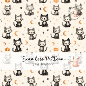 Skelly Cat Seamless Pattern Skeleton Cat Halloween Pumpkins Seamless Fabric Repeat Pattern Cute kids Black Cats Trick or treat Halloween png