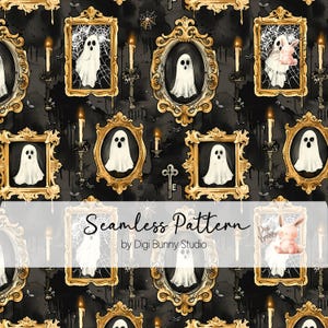 May include: A seamless pattern with framed white ghosts, spiderwebs, and candles on a black backdrop. Gold ornate frames and candelabras add a vintage feel. The text "Seamless Pattern" and "by Digi Bunny Studio" are also visible.