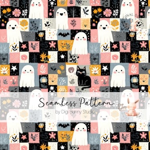 May include: Seamless pattern featuring a patchwork design with smiling white ghosts, black cats, flowers, stars, and bats. The pattern includes squares in pink, gray, black, and yellow. The text "Seamless Pattern" is displayed in the center.