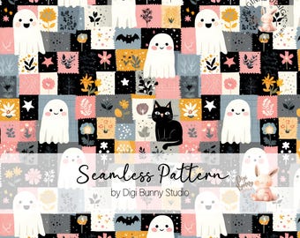 Ghost Seamless Pattern: Autumn Patchwork, Halloween Fabric (PNG)