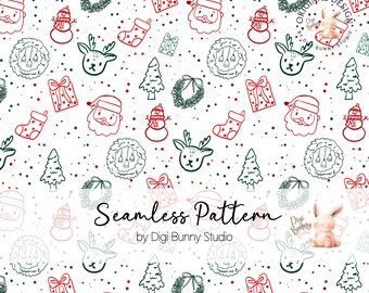 Christmas Doodles Seamless Pattern | Hand Drawn Minimalist Holiday Repeat Design | Digital Paper PNG