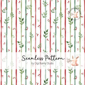 Peut inclure: Motif sans couture avec des rayures verticales rouges, vertes et blanches. Les rayures sont ornées d'illustrations à l'aquarelle de feuilles et de baies rouges. Le texte "Seamless Pattern" est affiché.