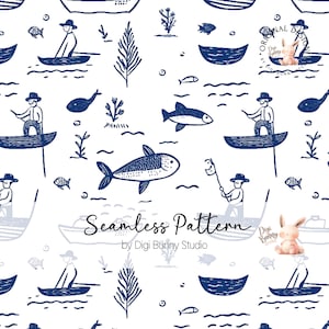 Patrón sin costuras estético minimalista de pescador, patrón de tela vintage dibujado a mano, núcleo de pescador, patrón repetido Oceancore, retro png