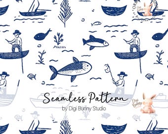 Vintage Fisherman Seamless Pattern, Retro Nautical Fabric (PNG)