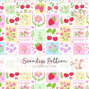 May include: A seamless pattern design with squares containing cherries, strawberries, and flowers in pink, red, green, and blue. The text "Seamless Pattern" is displayed in a script font. A cute bunny illustration is included.