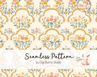 Yellow Floral Scallops Trellis Seamless Pattern (PNG Digital Download)