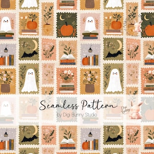 May include: A seamless pattern featuring rectangular postage stamp motifs with illustrations of ghosts, pumpkins, books, bats, crescent moons, and floral arrangements in muted orange, green, and cream tones, with the text Seamless Pattern by Digi Bunny Studio.