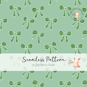 May include: Seamless pattern featuring green bows with white outlines on a light green background. The design includes the text "Seamless Pattern" and "by Digi Bunny Studio". A cute bunny illustration is also present.