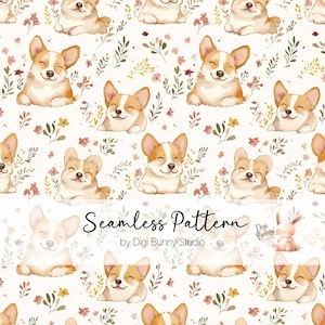 Joyeux corgi motif floral printemps chien Corg maman bohème fleurs sauvages amoureux des chiens animal chien maman chien et fleurs tissu motif beige png