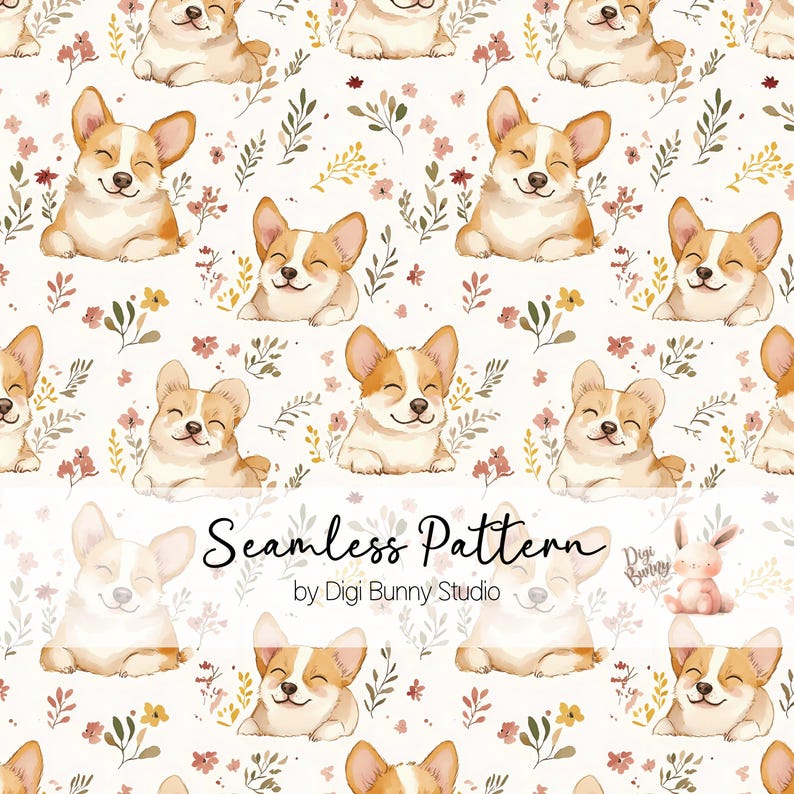 Happy Corgi Seamless Pattern: Spring Floral Fabric Print (PNG) - Etsy