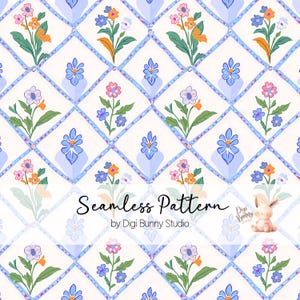 Blau Weiße Raute Frühlingsblumen Nahtloses Muster Blumenstrauß Stoffmuster Botanischer Garten Handgezeichneter Stil Spalier Sommer Florals Fliesen Png