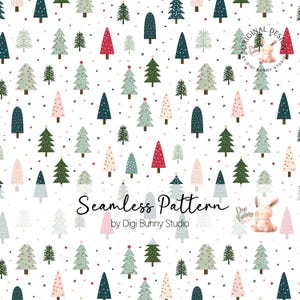 May include: A seamless pattern featuring various stylized Christmas trees in shades of dark green, light green, pink, and white on a white background, interspersed with small dots and stars. The text Seamless Pattern by Digi Bunny Studio appears.