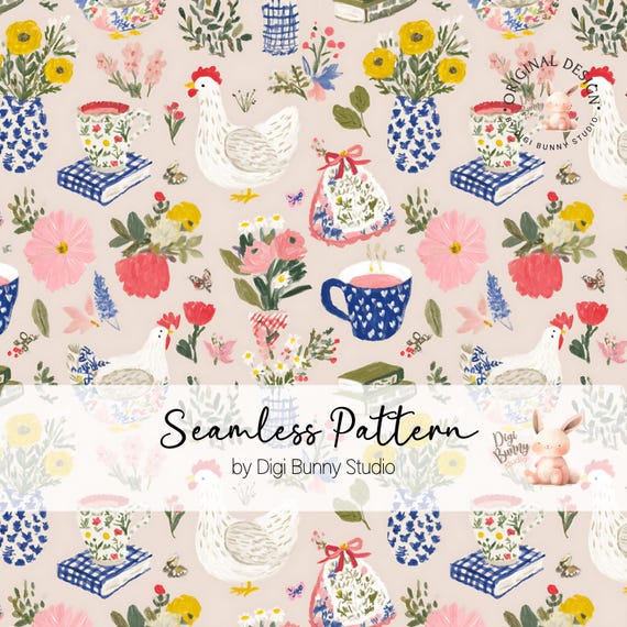 Floral Chicken Seamless Pattern | Vintage Cottage Fabric Print (PNG)