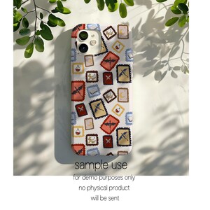 May include: White phone case with a repeating pattern of postage stamp designs. The stamps feature illustrations of dragons, moons, books, and potion bottles in red, yellow, and blue. The case has a glossy finish and is shown against a white background.