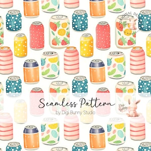 Soda Cans Seamless Pattern Watercolor Colorful Fruity Soda cans Endless Pattern Party Watercolor Repeat Modern Pop Digital Paper Pattern Png