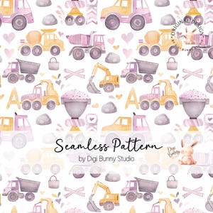 Puede incluir: Patrón sin costuras con ilustraciones de acuarela de vehículos de construcción en tonos amarillos, rosas y morados. El diseño incluye camiones volquete, hormigoneras y excavadoras, junto con corazones, rocas y la letra "A". También se incluye el texto "Seamless Pattern".